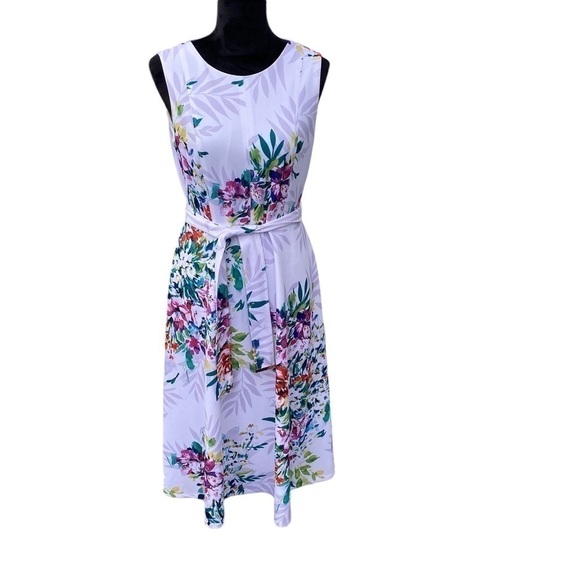 DKNY Ladies White Floral Sleeveless Midi A-line Round Neck Dress With Belt Sz 6 - Picture 1 of 15